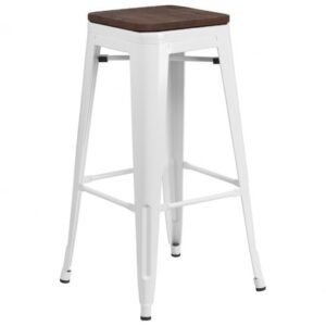 BS-081 | INDUSTRIAL BARSTOOL WHITE WITH DARK WOOD SEAT