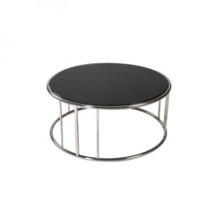 CT-008 | SMALL ROUND BRUSHED FRAME COFFEE TABLE BLACK GLASS TOP