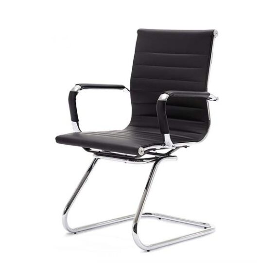 OF-013 | BLACK LEATHER MEETING CHAIR RIPPLEBACK SLED BASE