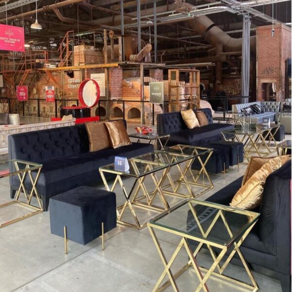 SS-584 | SQUARE VELVET OTTOMAN BLACK WITH GOLD LEGS