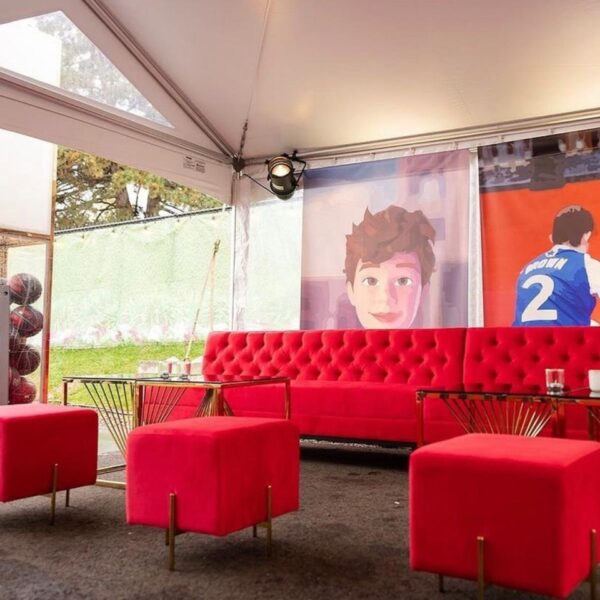 SS-581 | SQUARE VELVET OTTOMAN RED WITH GOLD LEGS