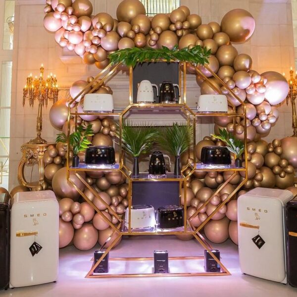 BAR-052 | GEO OCTAGON WINE SHELF GOLD FRAME CLEAR PLEXI