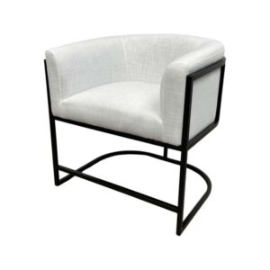 SS-617 | ROUND WHITE LINEN FABRIC SINGLE CHAIR BLACK FRAME