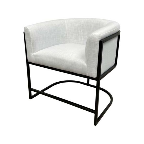 SS-617 | ROUND WHITE LINEN FABRIC SINGLE CHAIR BLACK FRAME