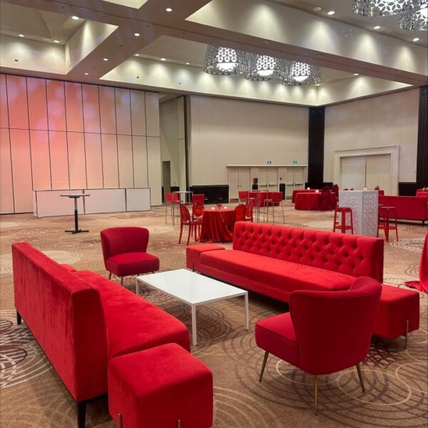 SS-581 | SQUARE VELVET OTTOMAN RED WITH GOLD LEGS